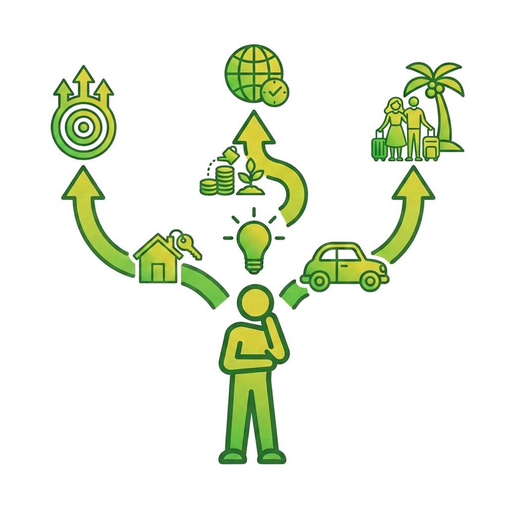 Person considering three green-yellow arrows leading to home, financial growth, and travel icons.