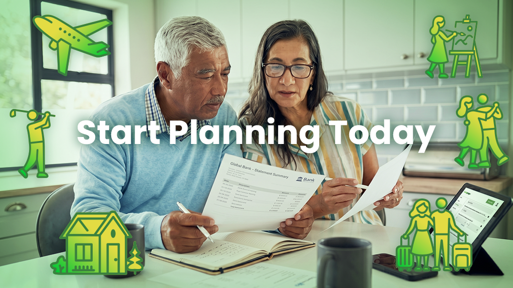 Couple reviewing financial papers at kitchen table with planning icons and text Start Planning Today.