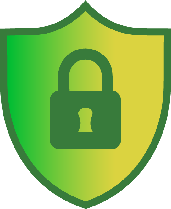 Green and yellow shield with a green padlock symbolizing security and privacy protection.