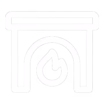 White fireplace icon with a flame inside on a transparent background.