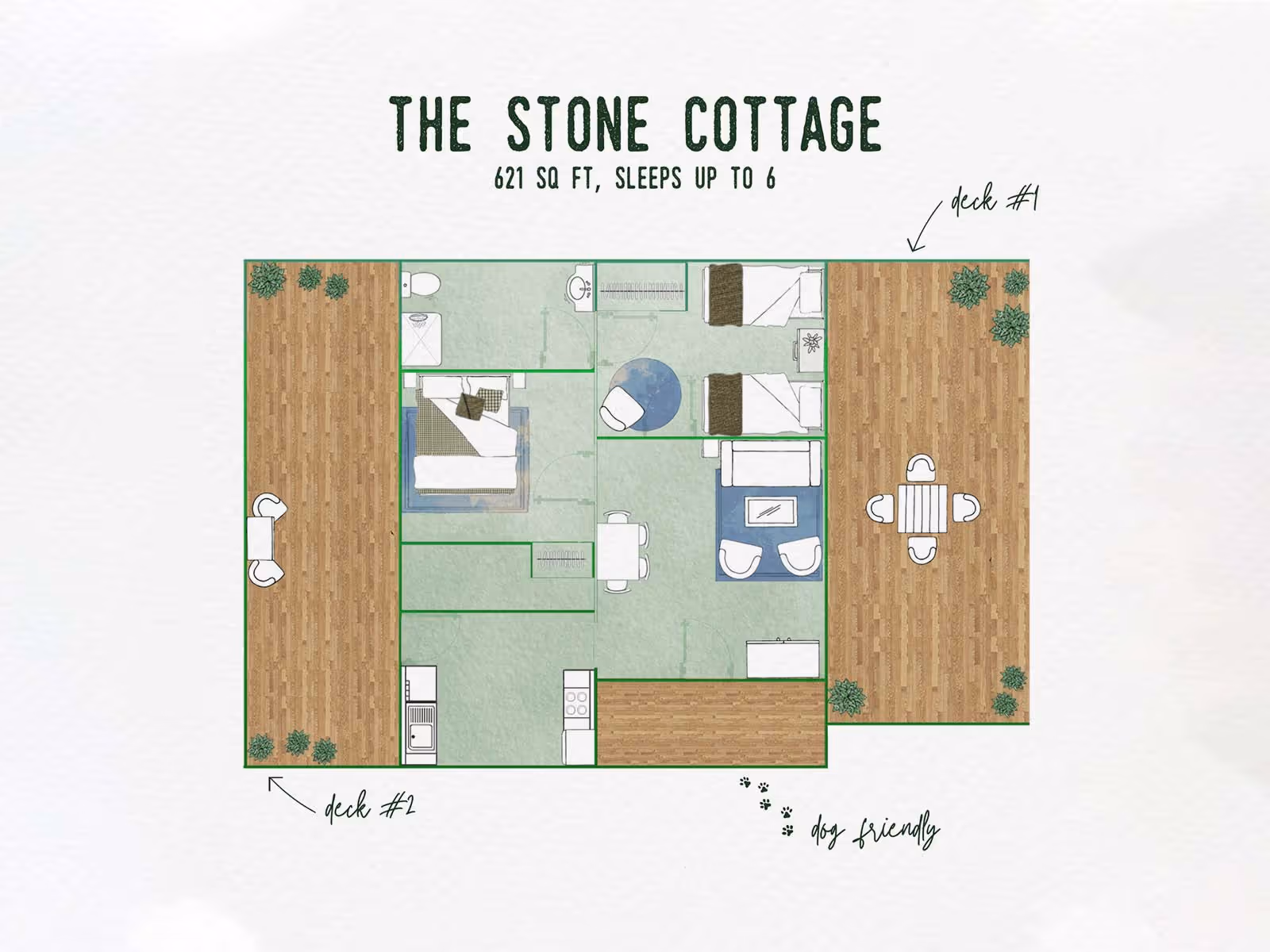 Floor plan of The Stone Cottage showing 621 sq ft layout with two decks, two bedrooms, living room, kitchen, bathroom, and dog-friendly space.
