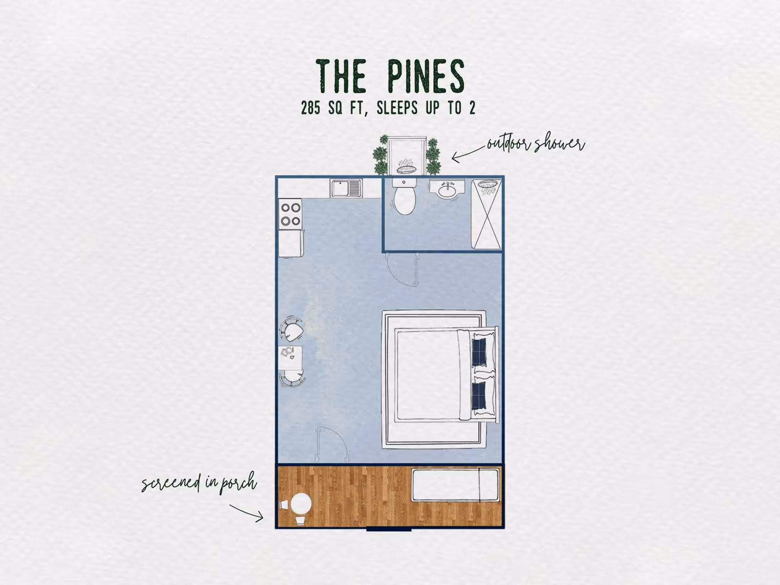Floor plan of The Pines cabin, 285 sq ft, with one main room featuring a bed, kitchenette, dining table, bathroom with indoor shower, outdoor shower, and a screened-in porch.