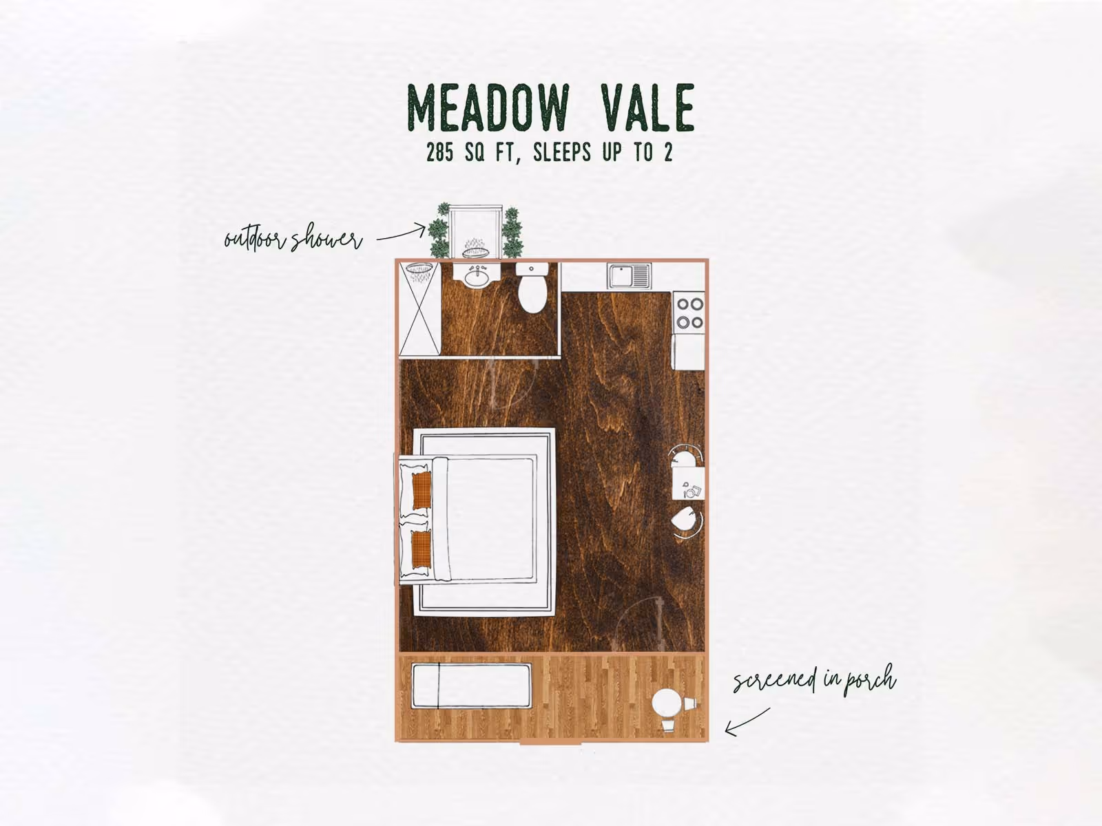 Floor plan of Meadow Vale 285 sq ft, featuring one bed, kitchen, bathroom with outdoor shower, and screened-in porch.