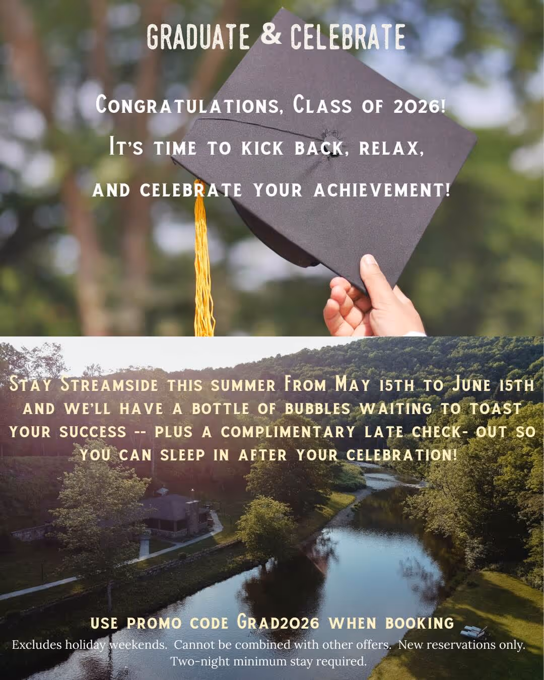 Hand holding a black graduation cap with a yellow tassel above a scenic river and forest view, promoting a summer celebration offer for the Class of 2026 with a promo code for booking.