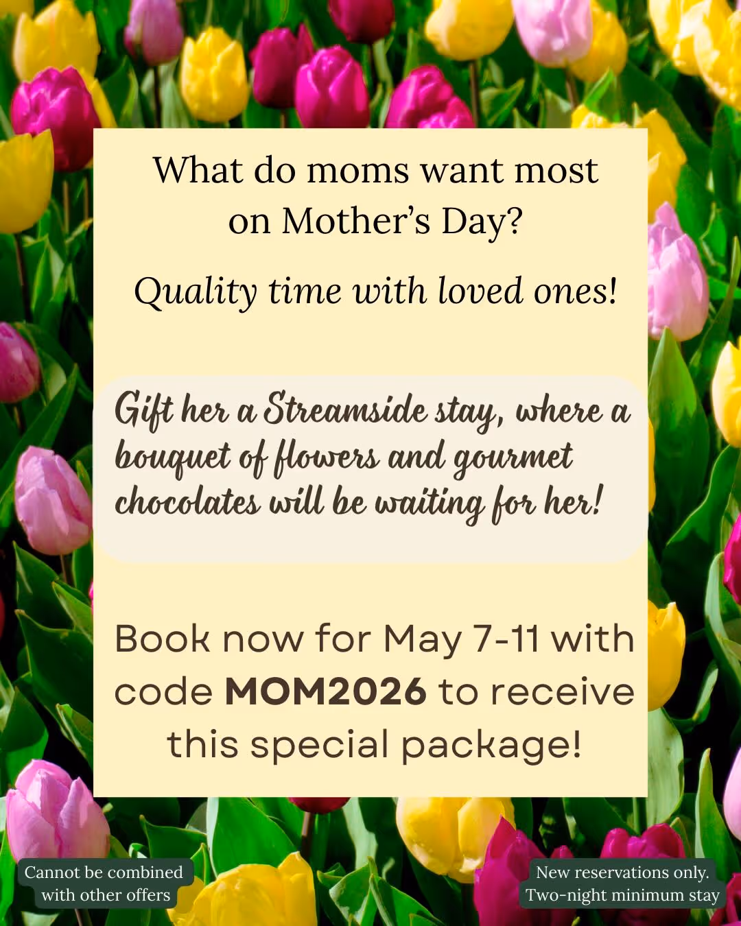 Mother's Day offer with colorful tulip background promoting a Streamside stay including flowers and gourmet chocolates, book May 7-11 with code MOM2026.
