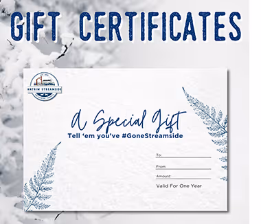 Gift certificate with Antrim Streamside logo, decorative leaves, and text fields for To, From, and Amount with validity of one year.