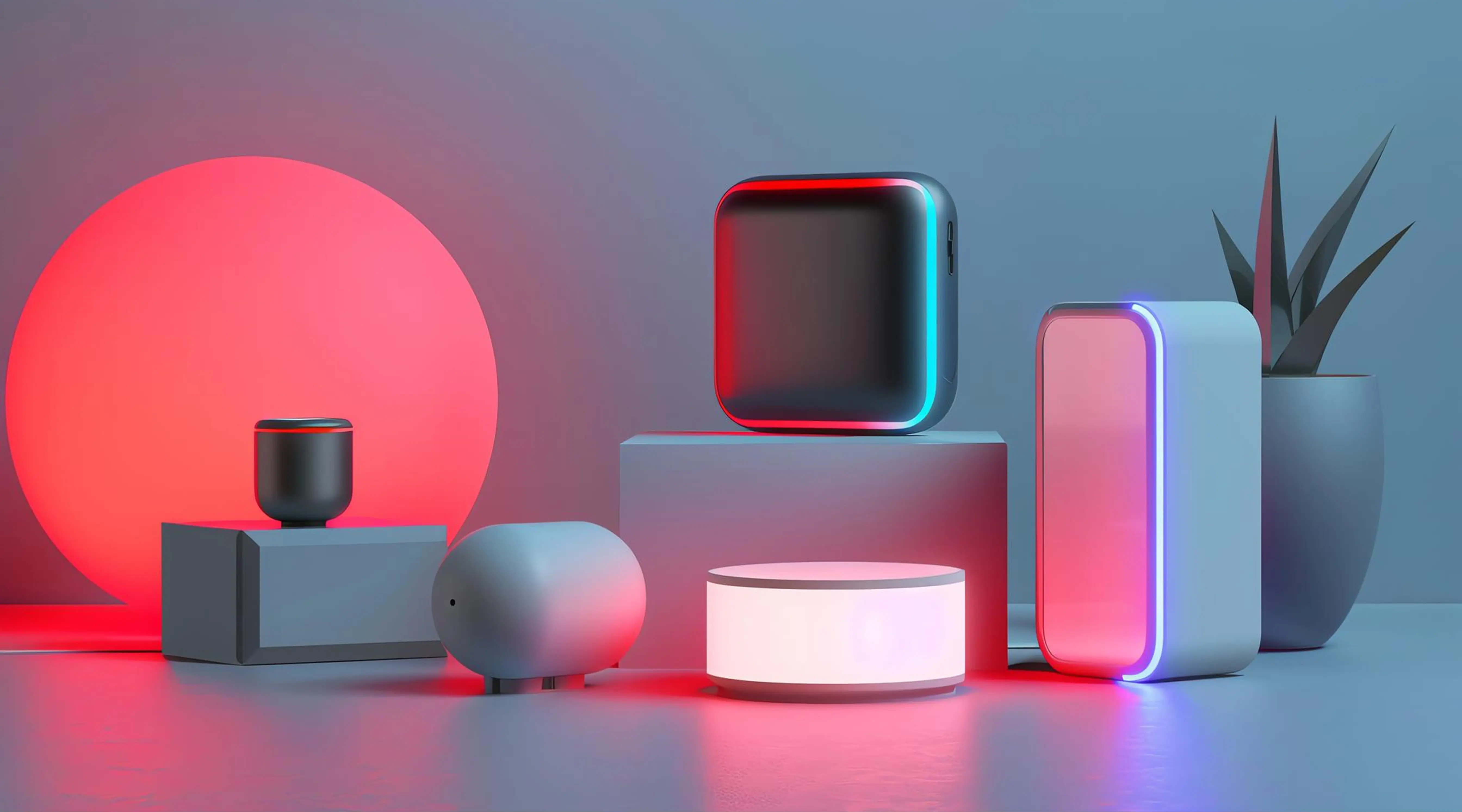 Colourful 3D render of smart speakers and geometric shapes under neon light