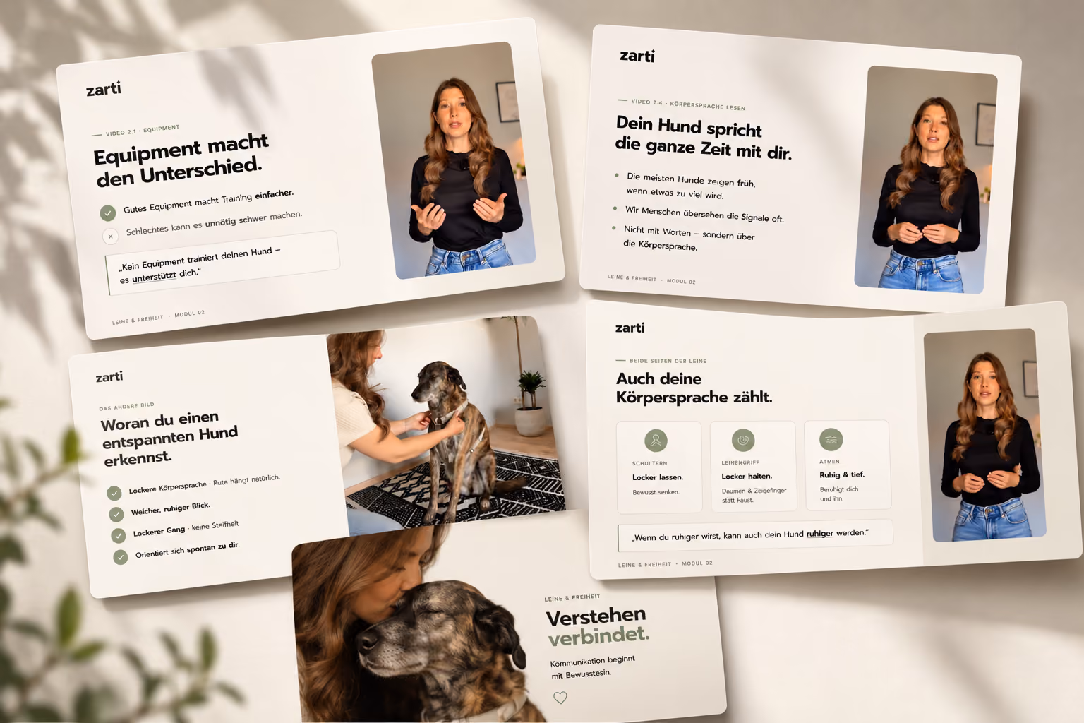 Folien aus dem zarti Online-Kurs: Anna erklärt in kurzen Video-Lektionen Equipment und Körpersprache beim Leinentraining