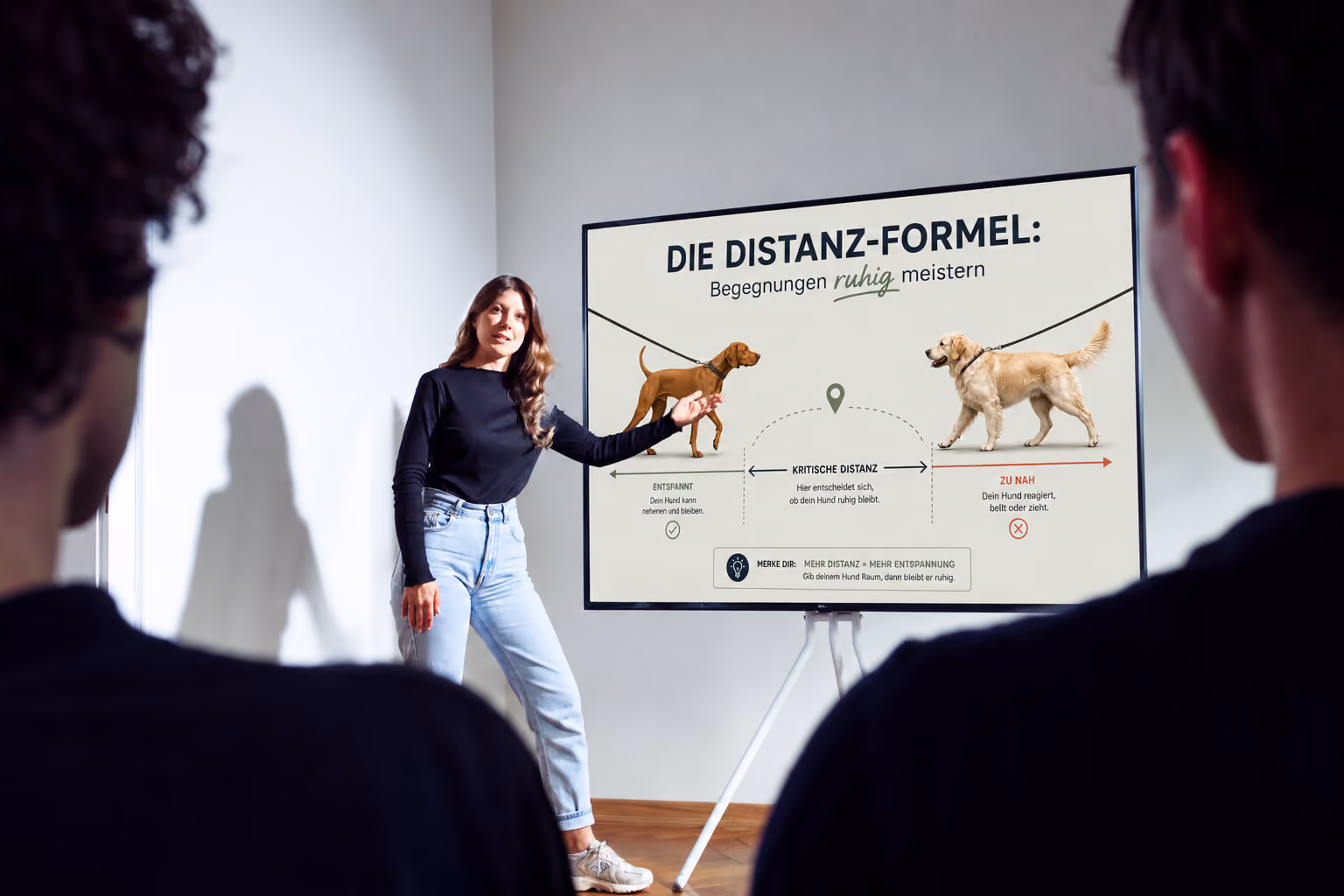 Anna erklärt an einem Schaubild die Distanz-Formel für ruhige Hundebegegnungen