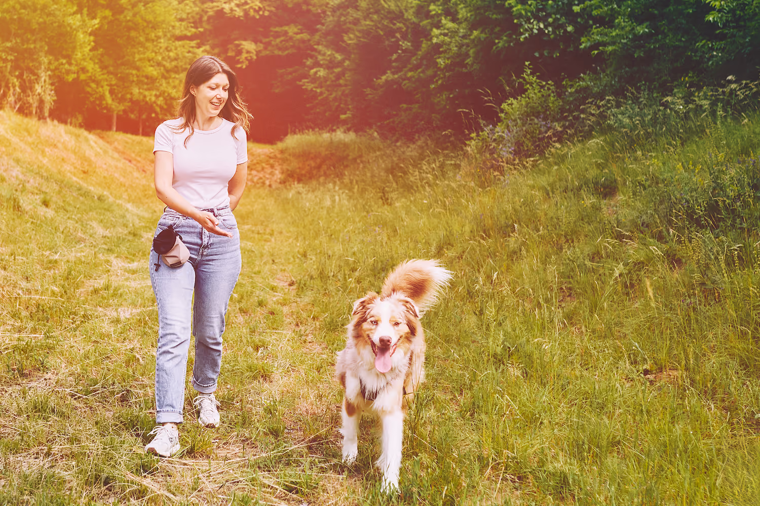 Anna geht entspannt über eine Wiese, ihr Australian Shepherd läuft ohne straffe Leine freiwillig neben ihr