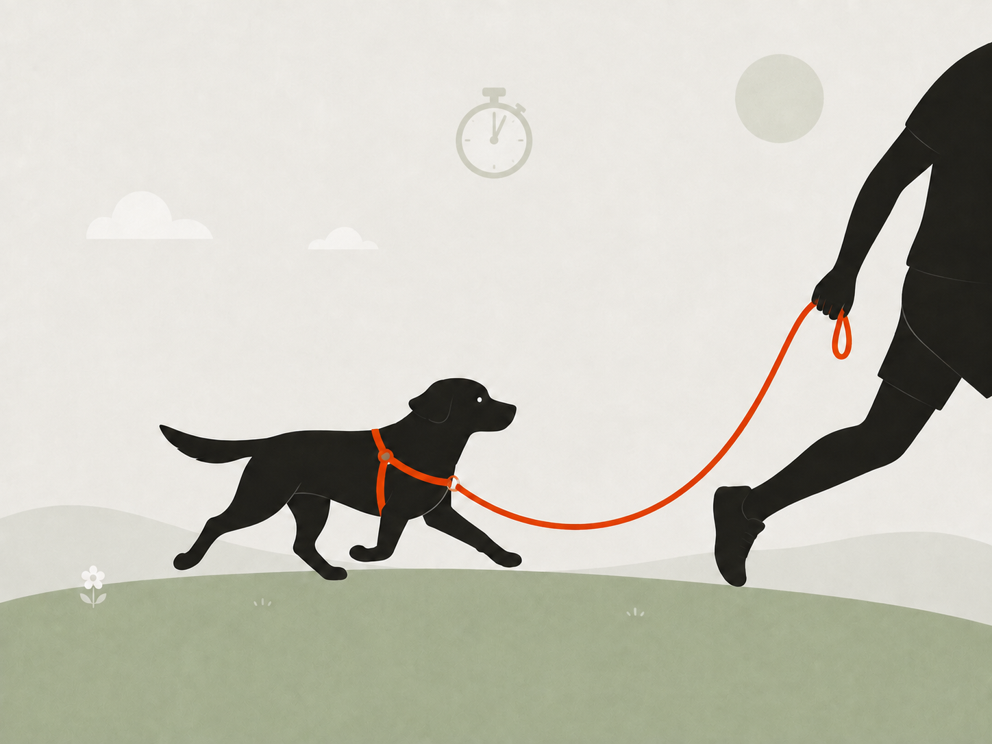 Illustration: Hund im Geschirr trabt neben joggendem Menschen, die orange Leine hängt locker durch