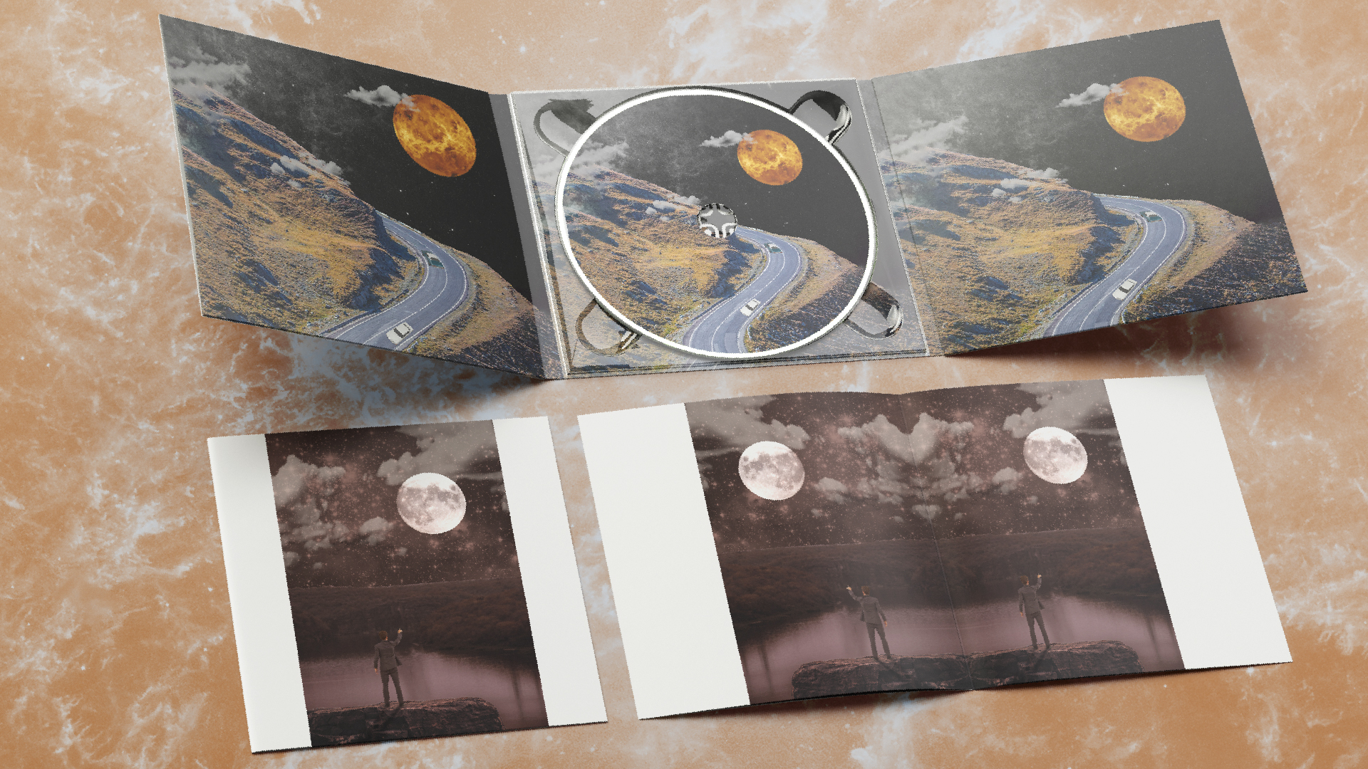 Open 6-panel digipack with road and orange moon artwork and two separate inserts featuring a person standing on a rock under a starry sky with a large moon.