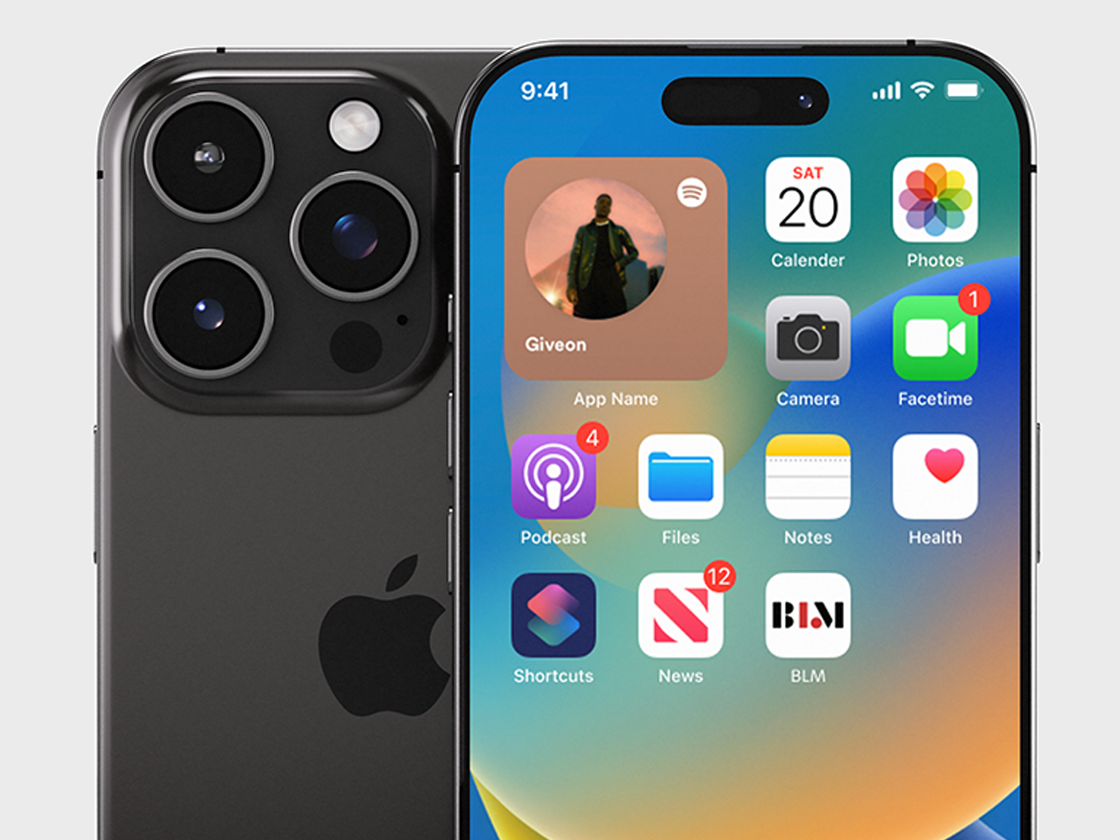 Black iPhone showing home screen with app icons including Calendar, Photos, Camera, Facetime, Podcast, Files, Notes, Health, Shortcuts, News, and BLM, with notifications on some apps.