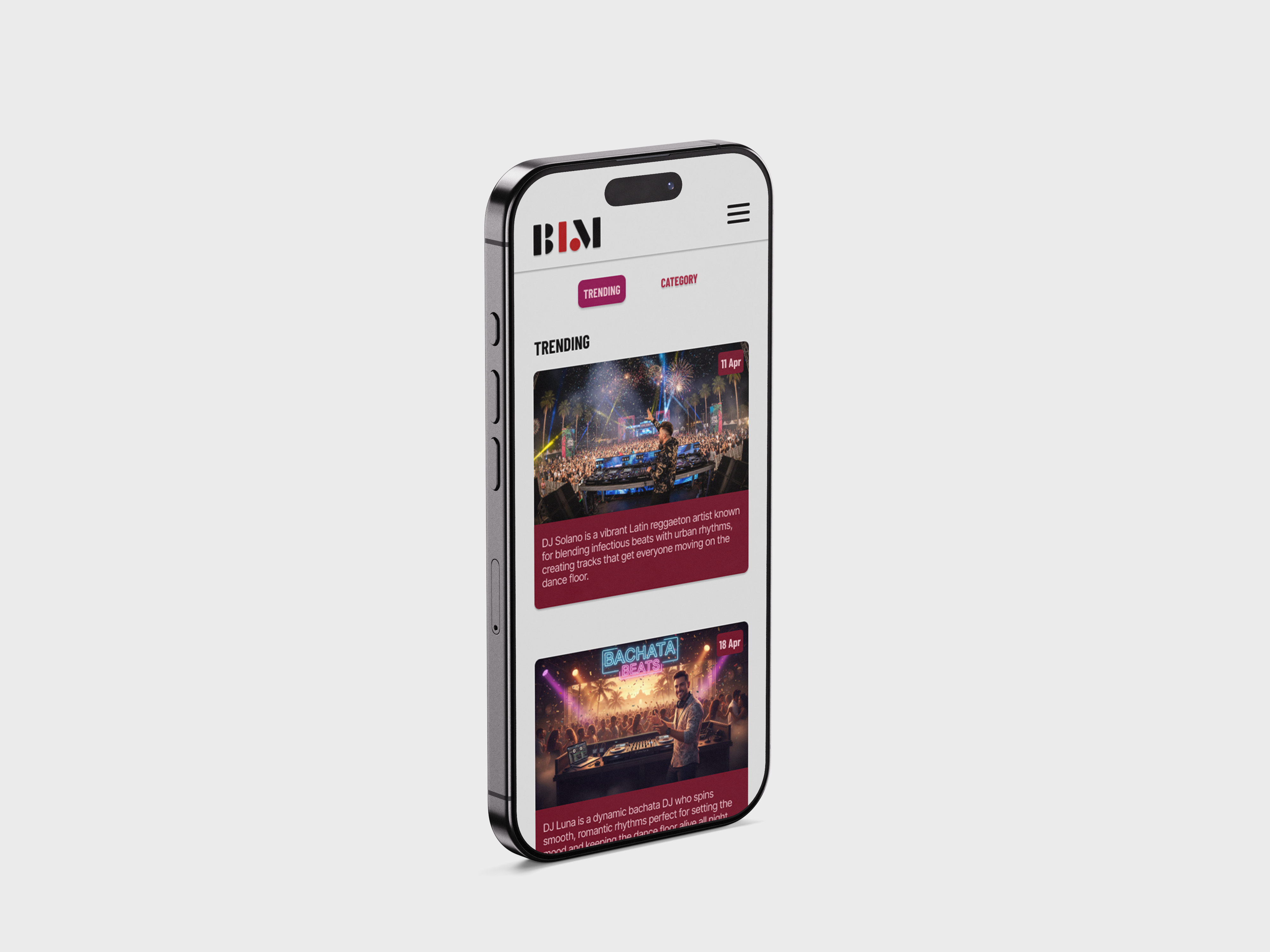 Smartphone displaying a music app with trending DJs DJ Solano and DJ Luna featured with event dates and descriptions.