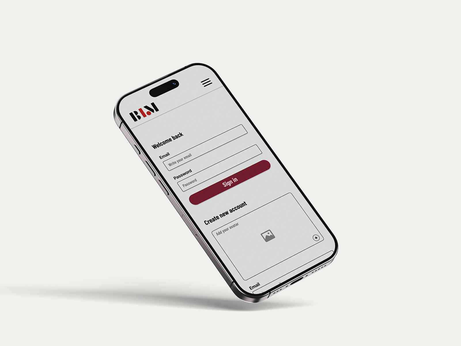 Smartphone displaying a login screen with email and password fields, a sign-in button, and an option to create a new account by adding an avatar.