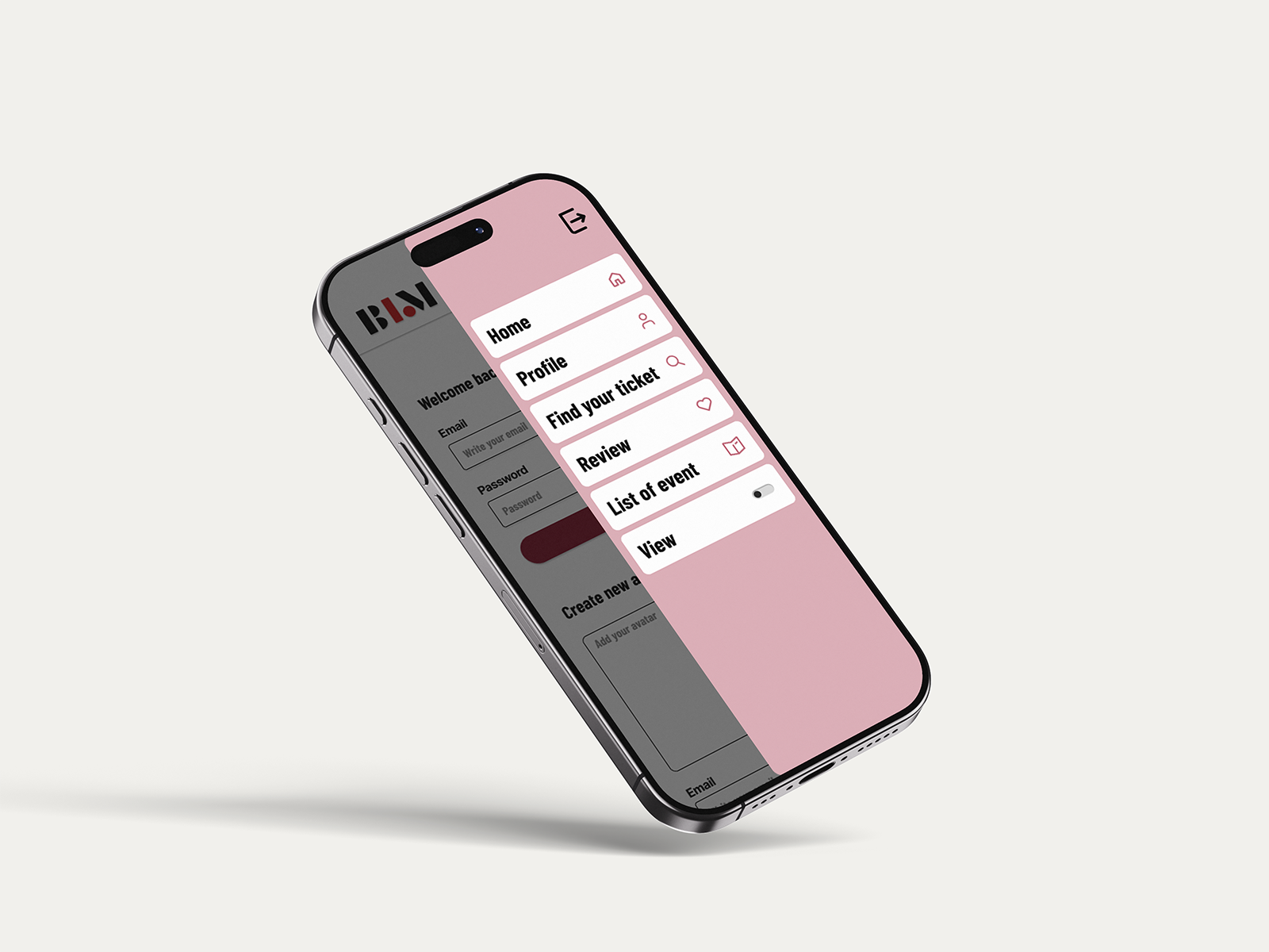 Smartphone displaying a login screen partially covered by a pink sidebar menu with options: Home, Profile, Find your ticket, Review, List of event, and View.