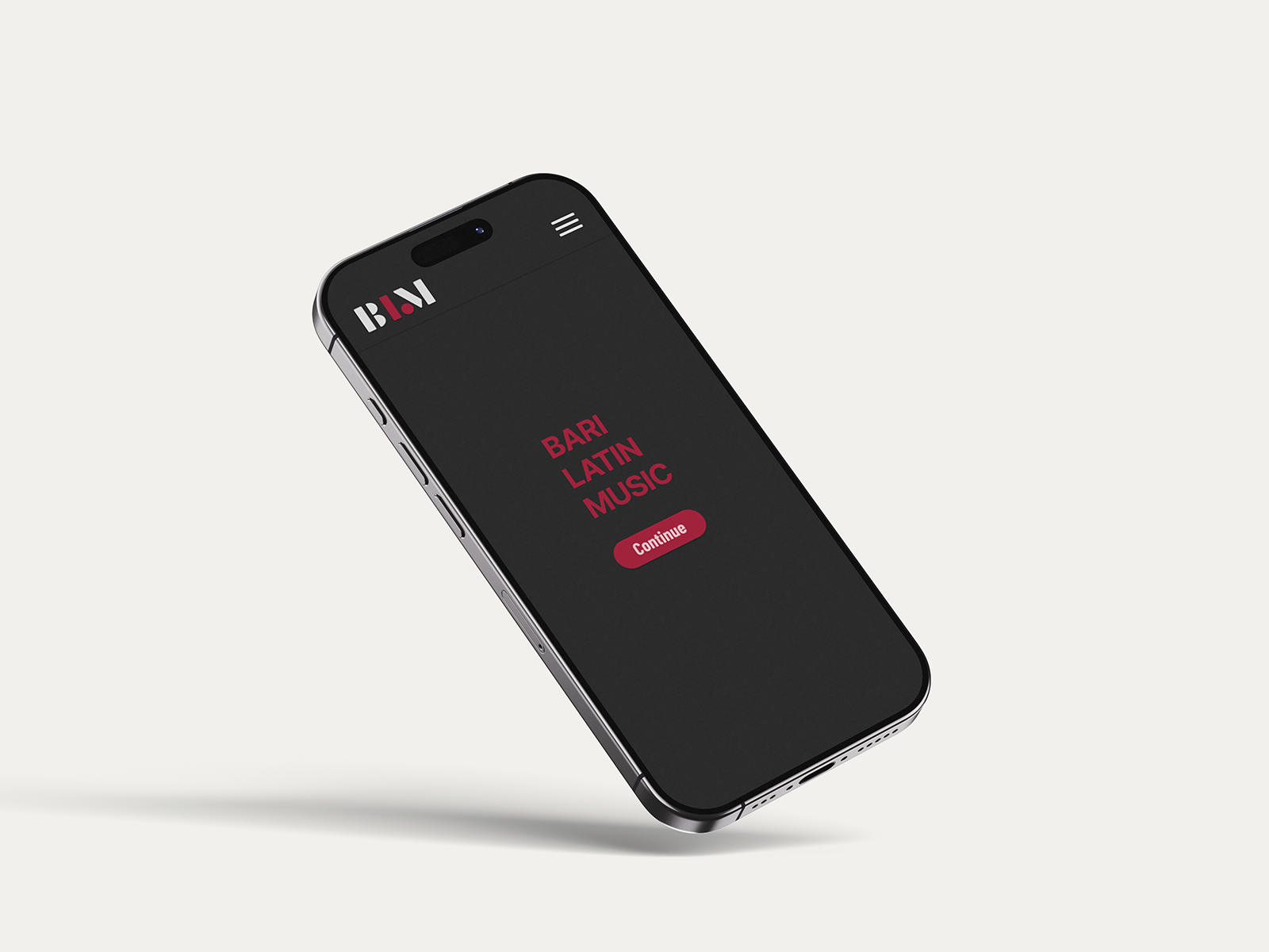 Smartphone displaying a dark app screen with BLM logo, text 'Bari Latin Music,' and a red 'Continue' button.