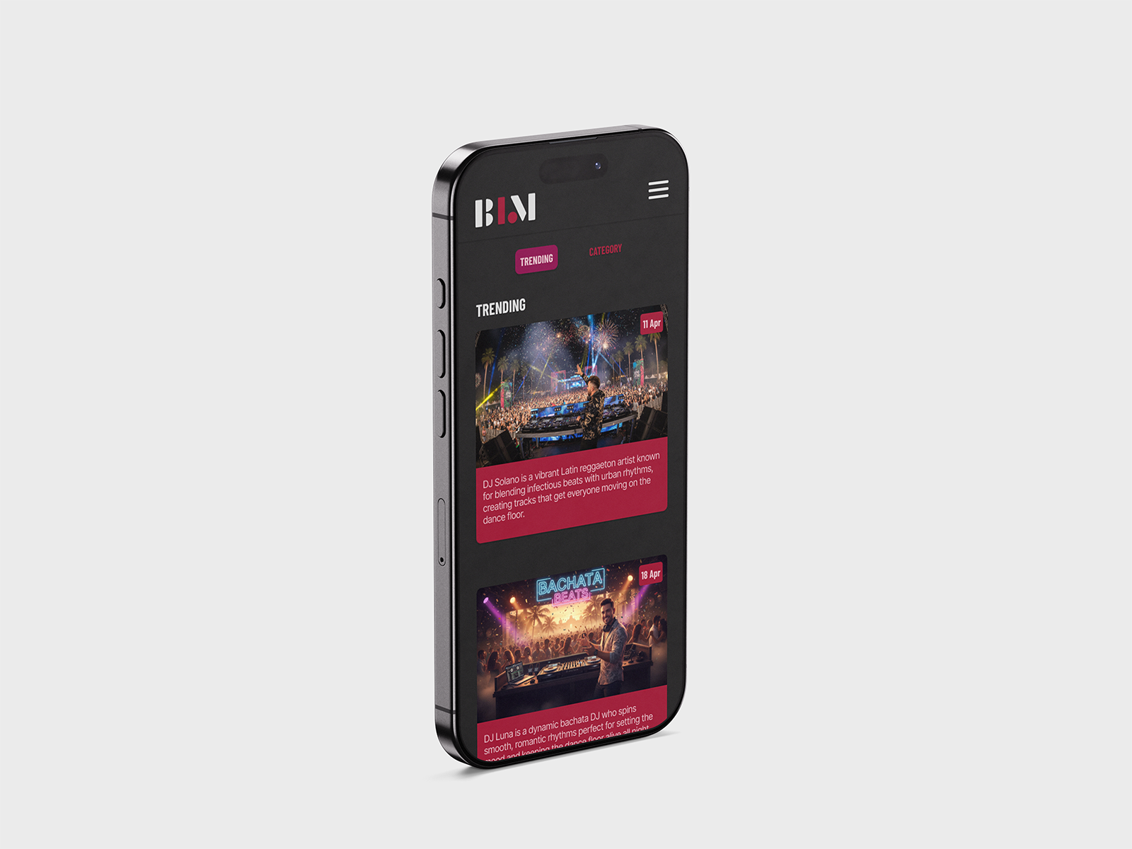 Smartphone screen displaying a music app with trending DJs and event descriptions.