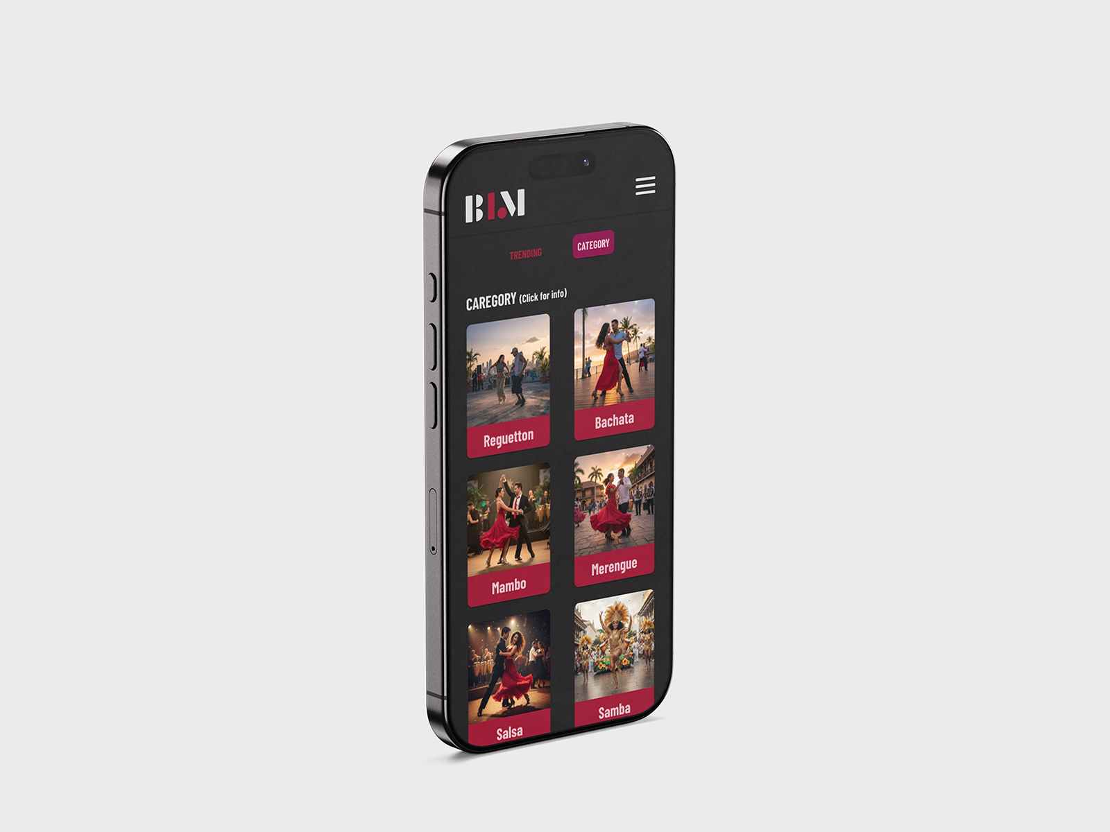 Smartphone displaying a dance category app with options like Regueton, Bachata, Mambo, Merengue, Salsa, and Samba, each with a dancing couple photo.