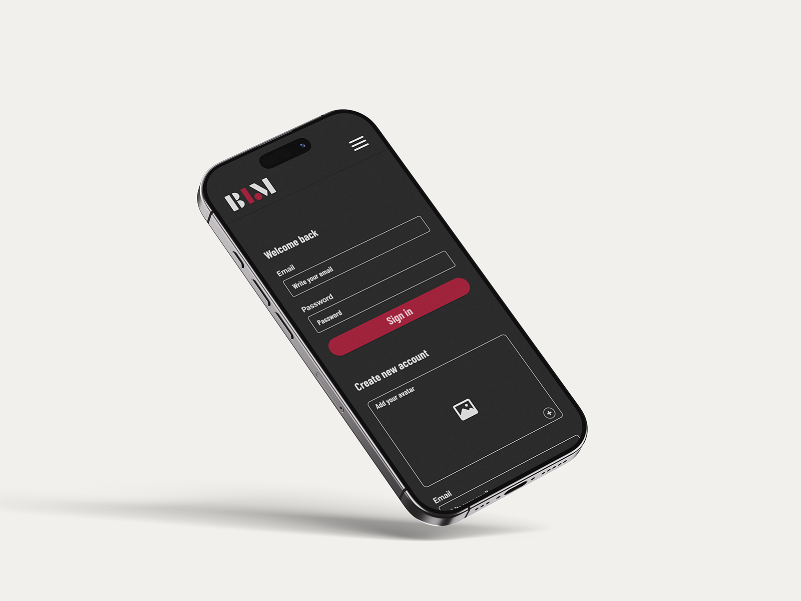 Black smartphone floating with login screen showing email and password fields, sign-in button, and option to create a new account with avatar upload.