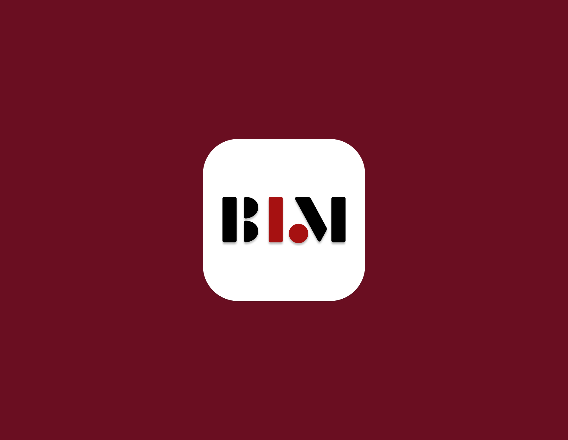 Stylized letters B, I, and M with the I and dot in red and the B and M in black on a white rounded square background with a burgundy outer background.