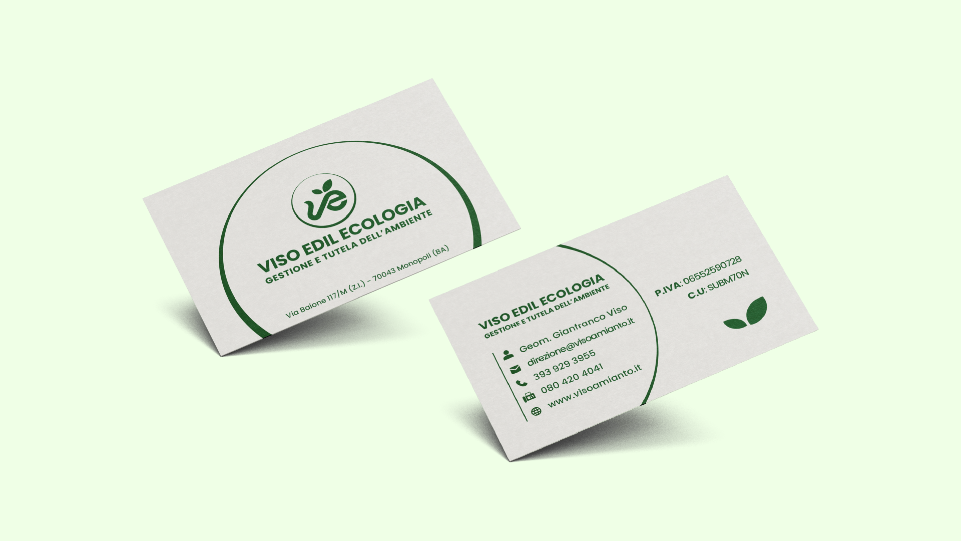 Two business cards for VISO EDIL ECOLOGIA with contact info and green leaf logo on light background.