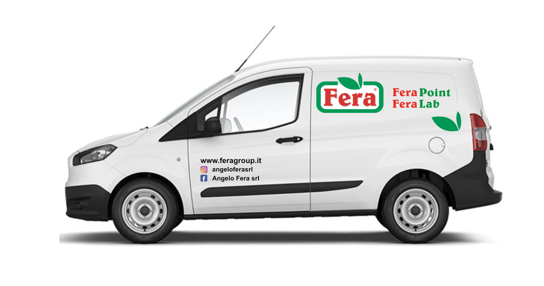 White delivery van with Fera logo, website, social media handles, and green leaf graphics on side.