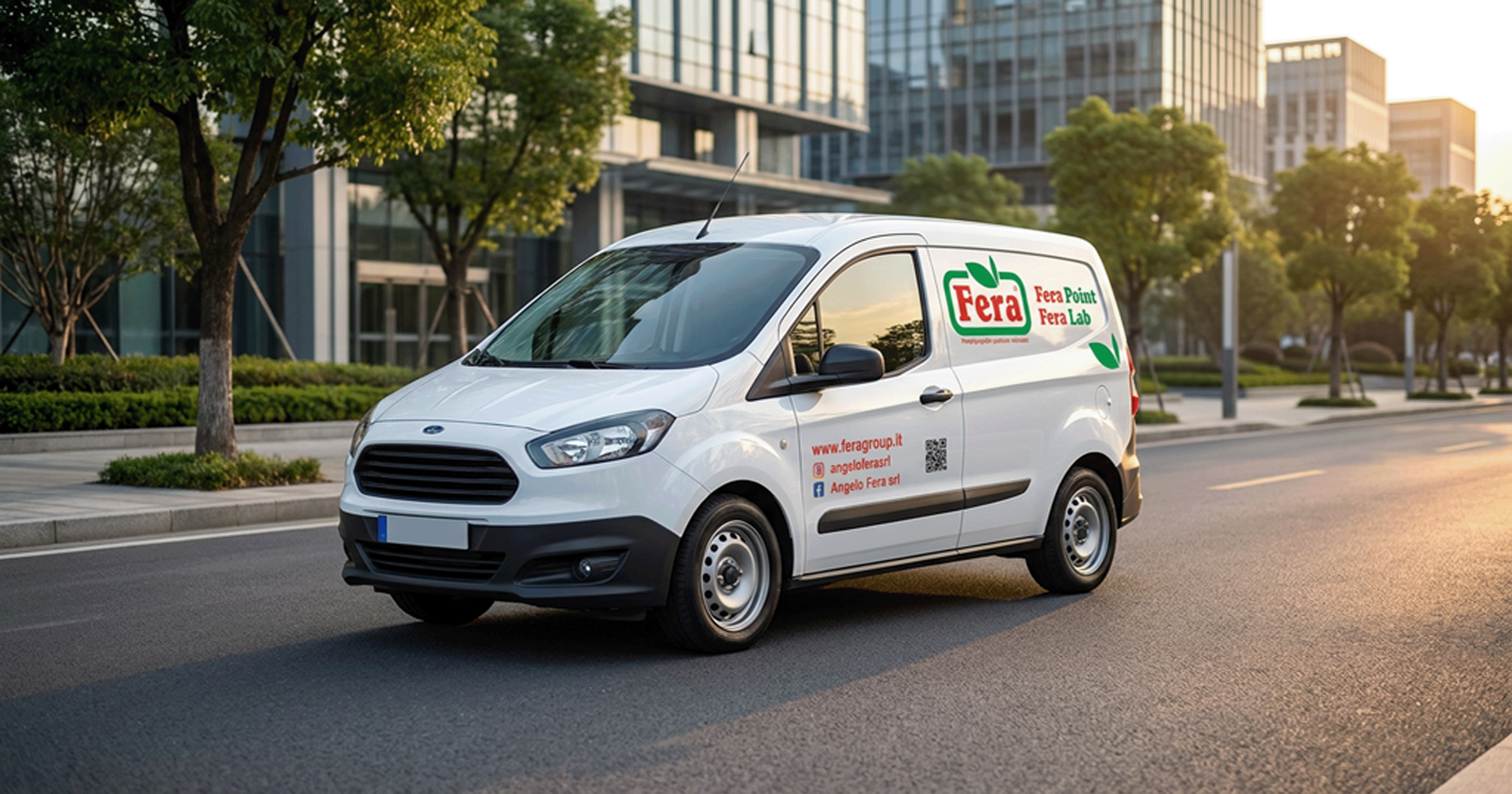 White delivery van with Fera company logo and contact info parked on a city street at sunset.