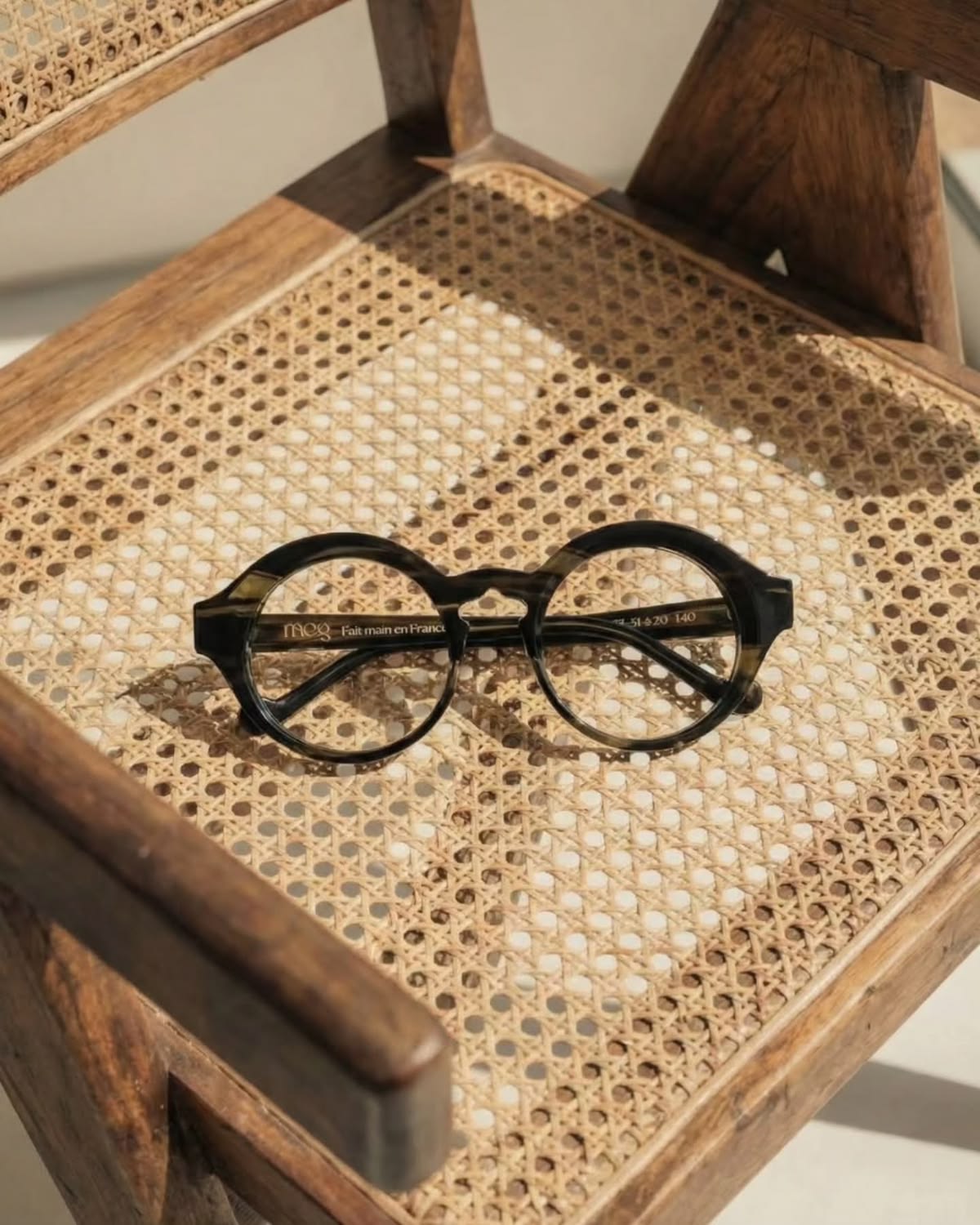 Round black eyeglasses resting on a woven cane seat of a wooden chair.