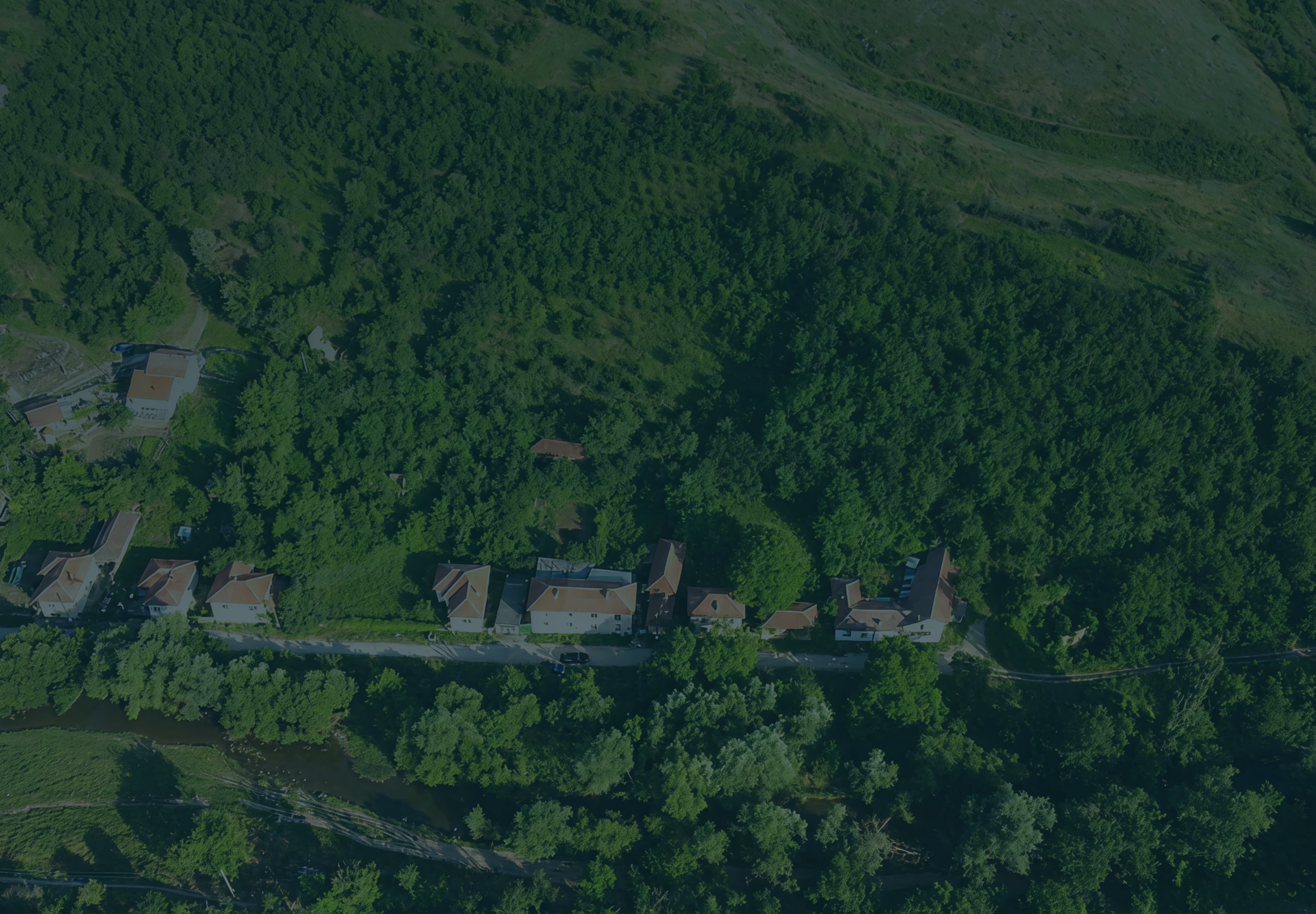 Aerial view of a row of houses with red roofs beside a dense green forest and a narrow road in Bulgaria.