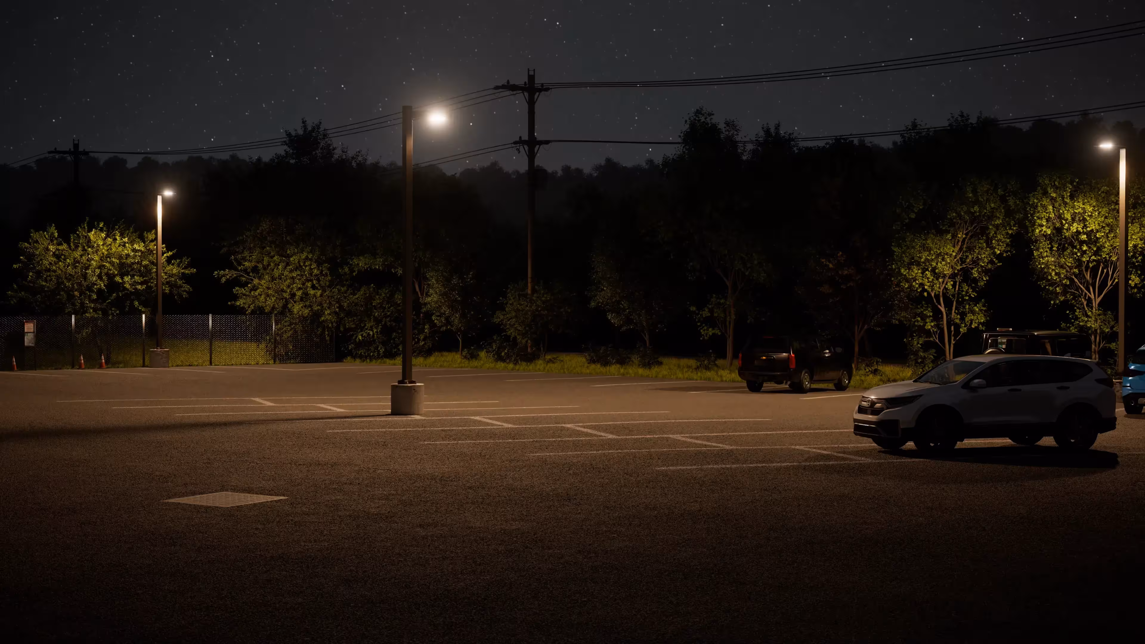 Dimly lit empty parking lot at night with a few parked cars and illuminated trees in the background.