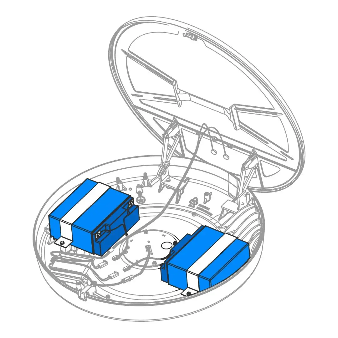 Technical illustration of an open circular device housing two rectangular blue components inside.
