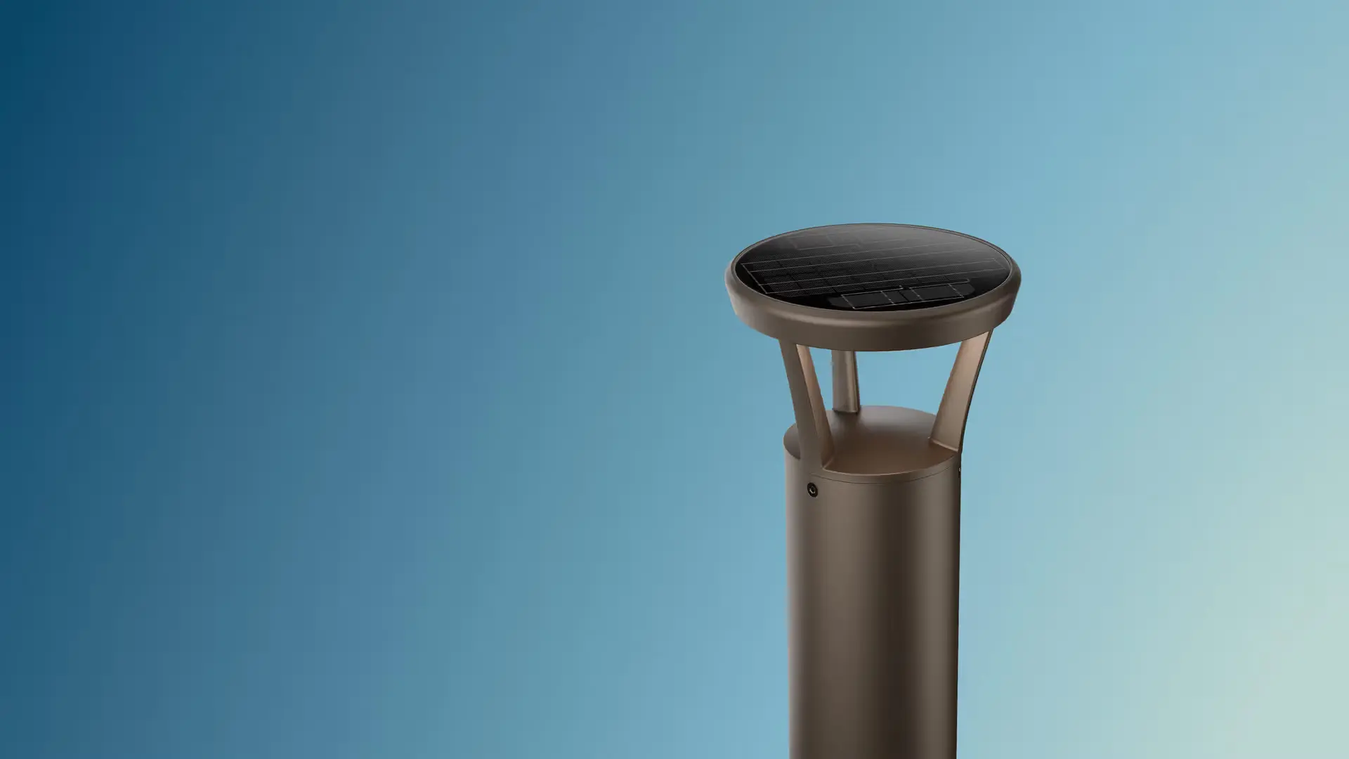 Modern outdoor solar-powered bollard light with a cylindrical base and round solar panel top against a gradient blue background.