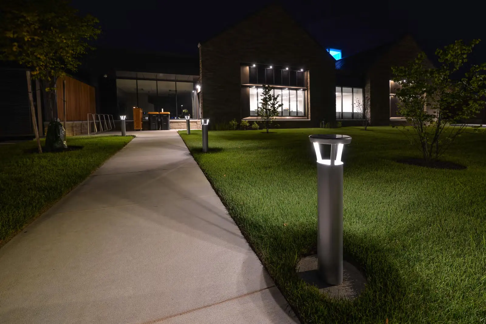 Illuminated modern pathway with bollard lights leading to a building with large windows at night.