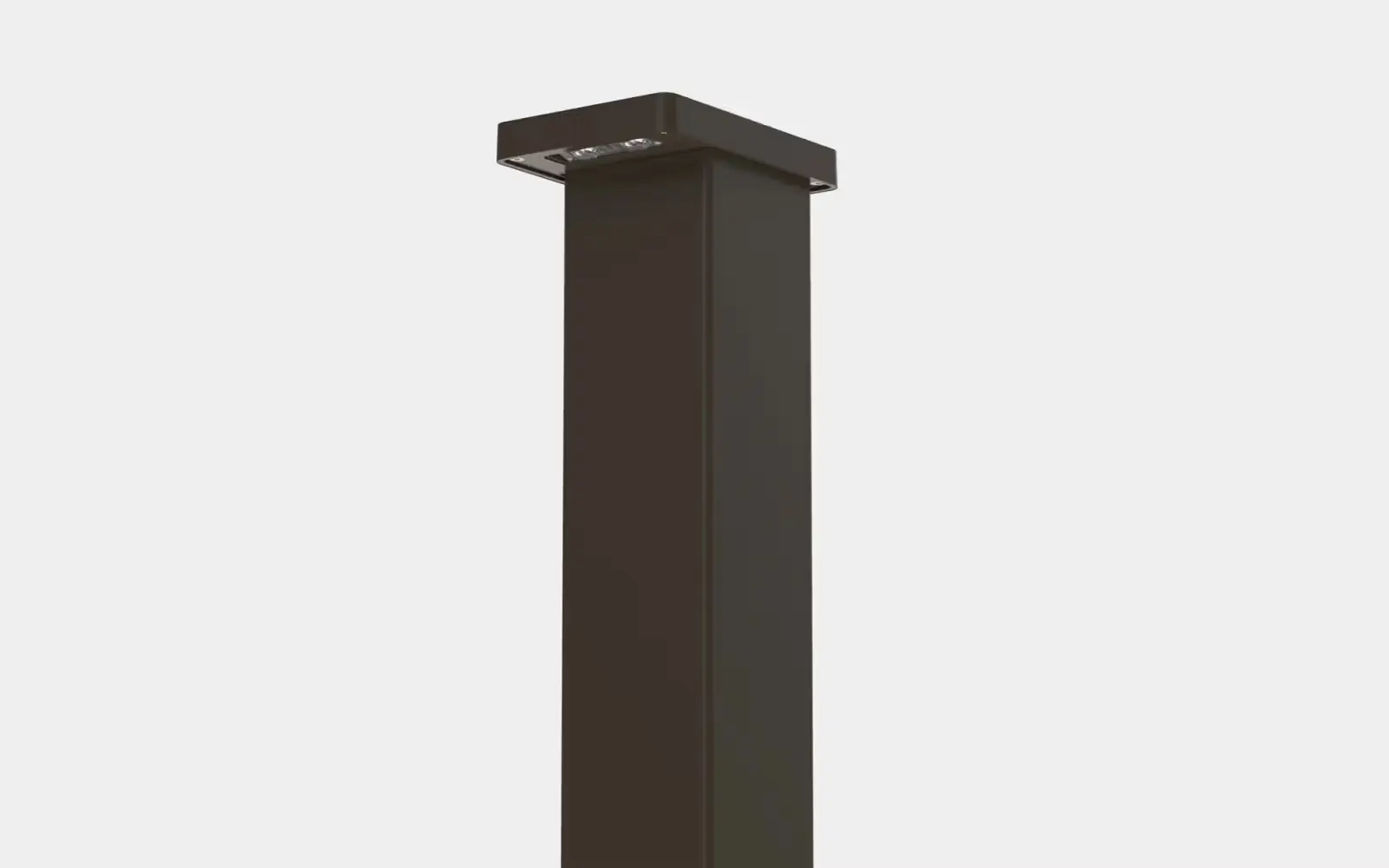 Tall rectangular bronze outdoor bollard light with multiple LED bulbs on the underside of the top section.
