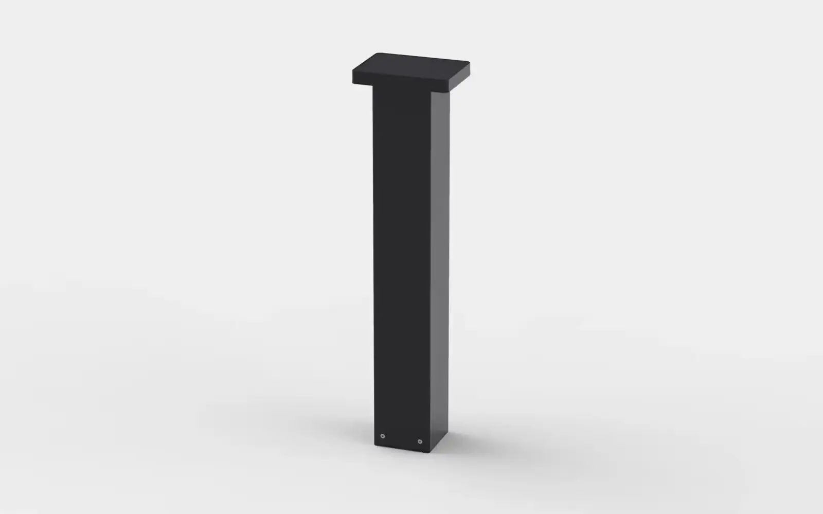 Tall rectangular black outdoor bollard light with multiple LED bulbs on the underside of the top section.
