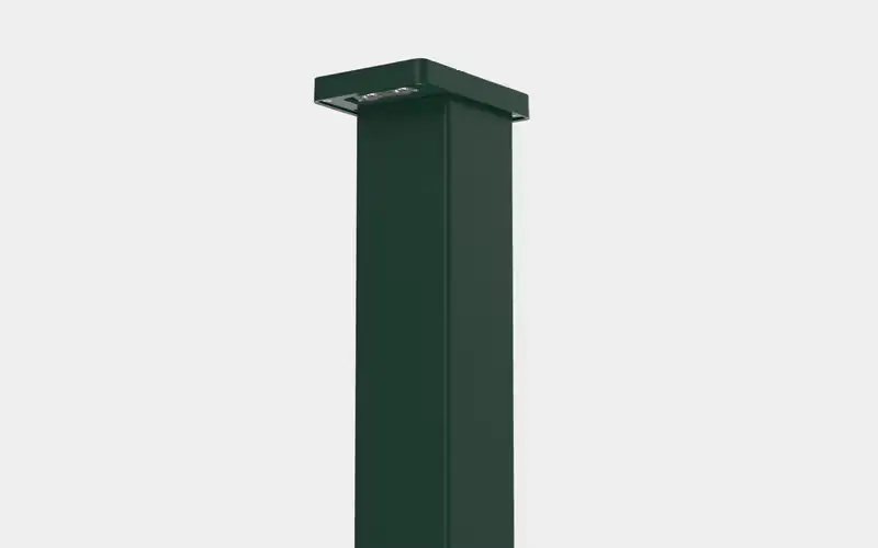 Tall rectangular green outdoor bollard light with multiple LED bulbs on the underside of the top section.