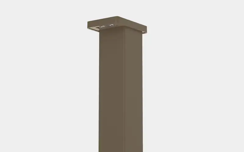 Tall rectangular beige outdoor bollard light with multiple LED bulbs on the underside of the top section.