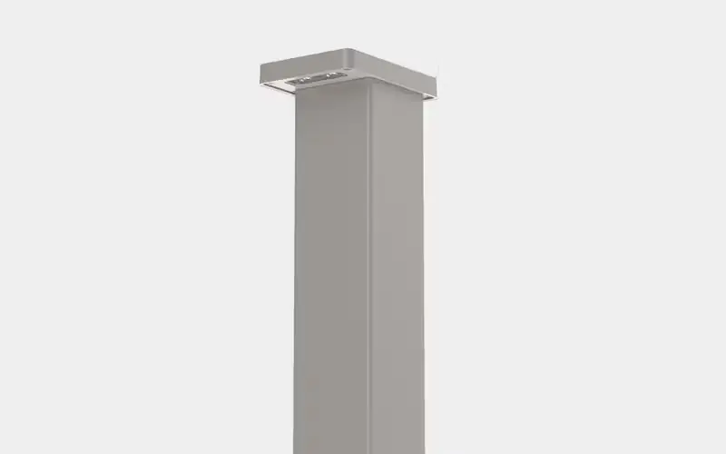 Tall rectangular white outdoor bollard light with multiple LED bulbs on the underside of the top section.
