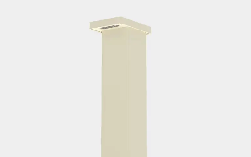 Tall rectangular sandstone outdoor bollard light with multiple LED bulbs on the underside of the top section.