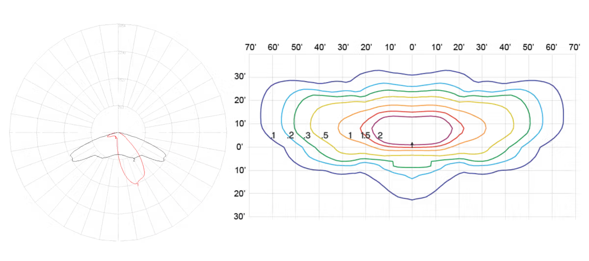Graphical representation of a particle accelerator's detection system showing circular detector segments on the left and a multi-colored contour plot of particle distribution on the right.