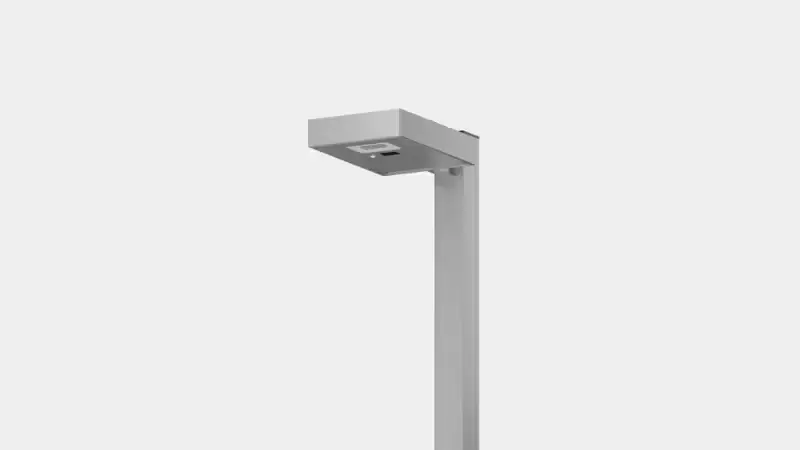 Modern minimalist street lamp post with a rectangular light fixture against a plain gray background.