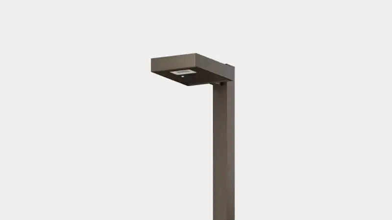 Modern sleek brown outdoor lamp post with flat rectangular light fixture against a light gray background.