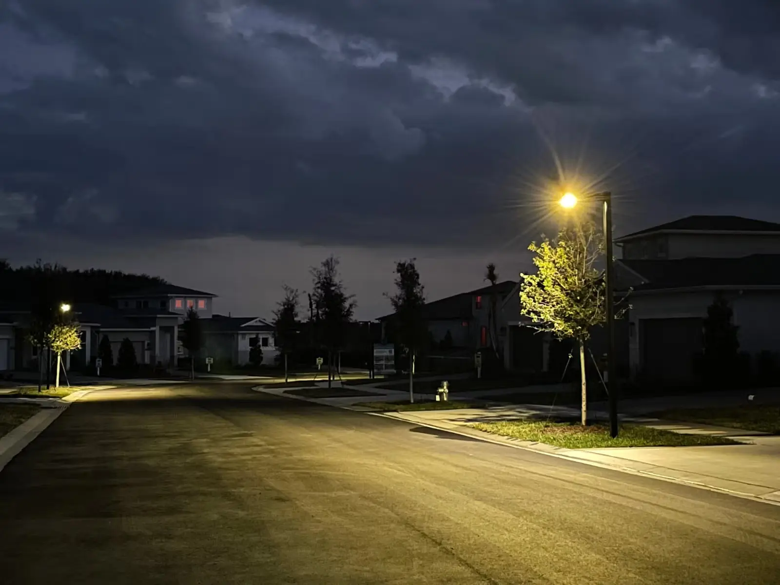 Dimly lit suburban street at night with streetlights illuminating small trees and houses.