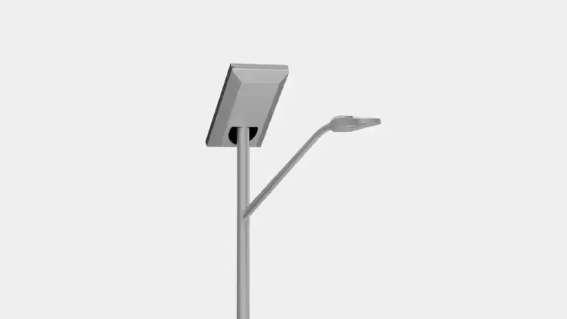 Modern solar-powered street lamp with a rectangular solar panel and a curved arm holding the light.