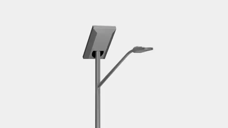 Modern streetlight pole with a solar panel on top and an extended arm holding an LED lamp.