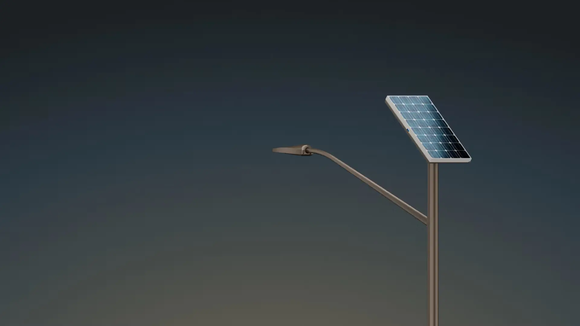 Solar-powered streetlight with solar panel mounted on top against a darkening sky.