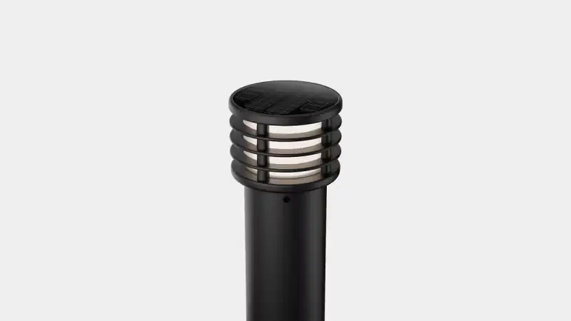 Black outdoor solar garden light post with horizontal grille design.