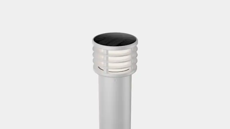 Solar-powered outdoor post light with cylindrical shape and white protective casing.