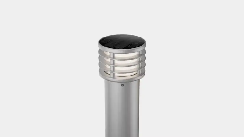 Modern stainless steel solar-powered outdoor bollard light with a round top and horizontal slats.